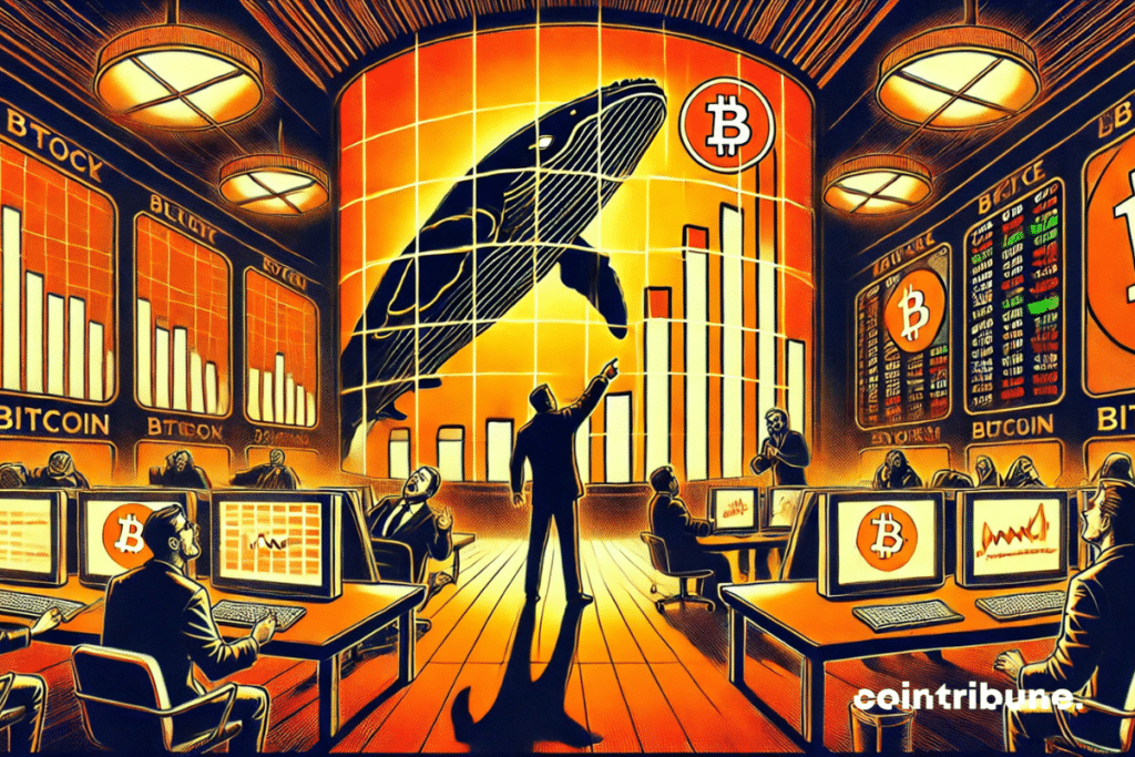 Plano médio interno, ambiente escuro com tela luminosa. Analista animado apontando para uma curva de alta do Bitcoin em uma tela gigante com a sombra de uma baleia sobre ela.