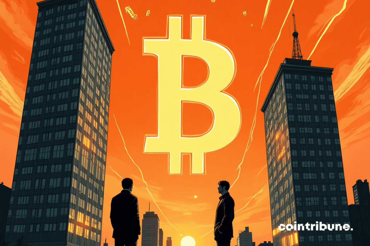 Bitcoin escapando de dois prédios de câmbio enquanto personagens em pânico observam, ilustração de história em quadrinhos retrô em tons de laranja.
