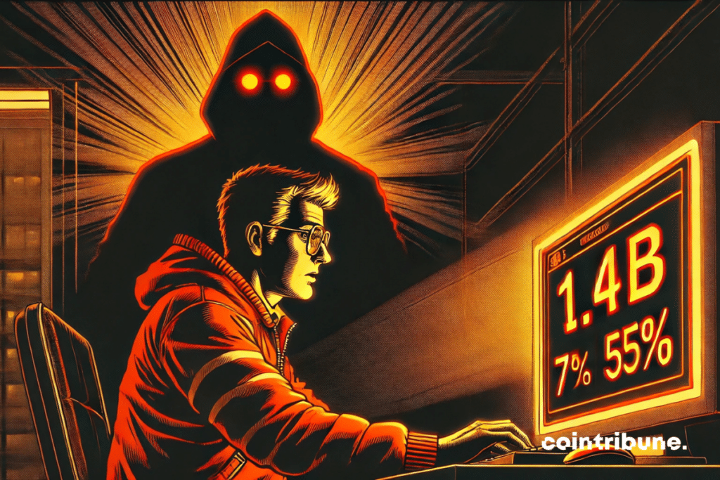 Primer plano de un escritorio iluminado por una única pantalla. El ingeniero de Bybit con la chaqueta naranja de seguridad criptográfica, con cara de alivio.