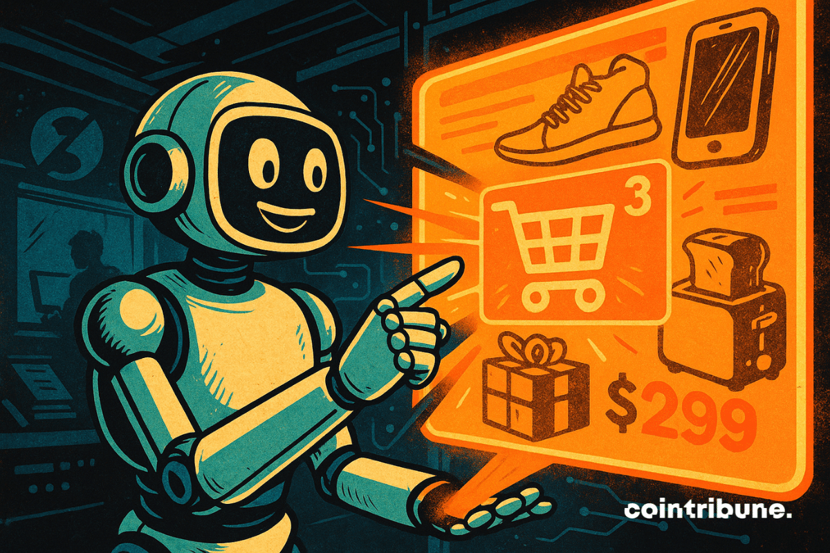 Robô humanoide de aparência amigável (representando o ChatGPT) fazendo compras.