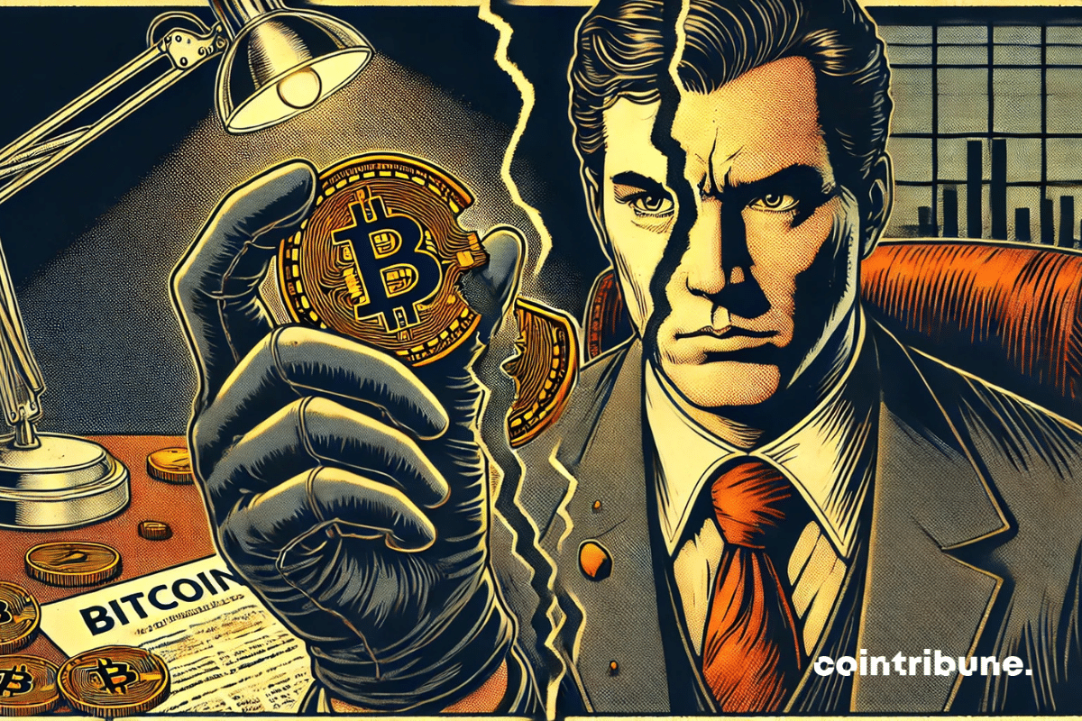 Um banqueiro a segurar uma moeda bitcoin partida ao meio