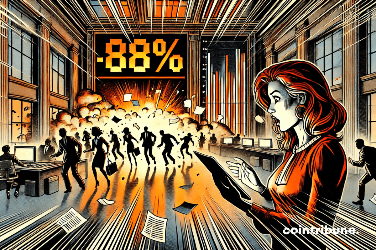 Um trader de criptomoedas segurando um tablet exibindo -88% em números laranja
