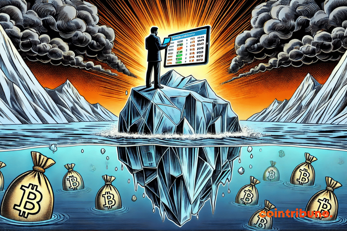 Um investidor em pé sobre um iceberg flutuando em um oceano escuro. O iceberg, parcialmente submerso, simboliza os perigos ocultos do mercado de criptografia.
