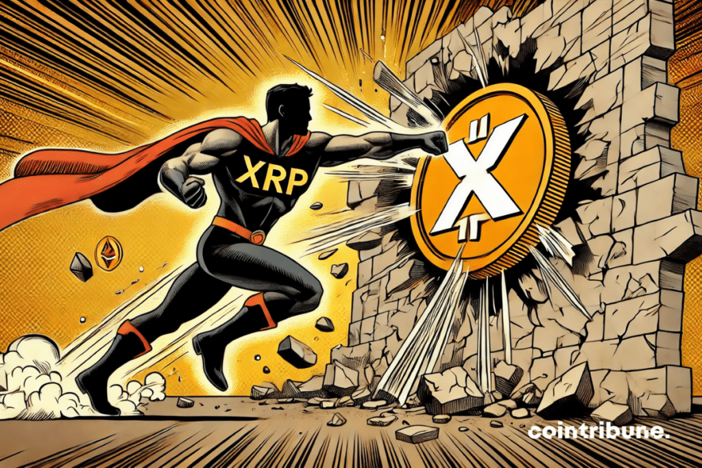 Crypto XRP como un personaje de superhéroe que se estrella contra una pared
