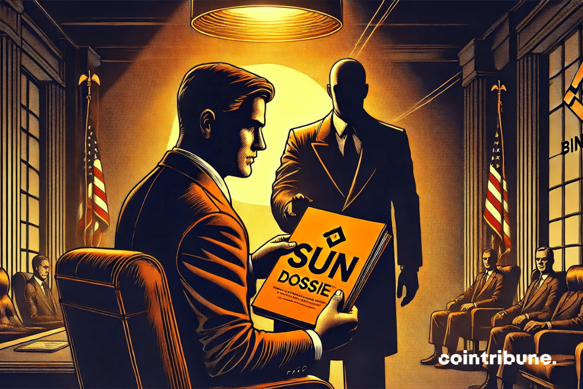 CZ de Binance turning his back, handing a file to a blurred figure in a dark suit (Sun).