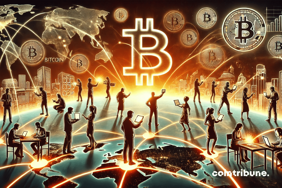 Uma série de personagens de diferentes partes do mundo interagindo com carteiras de Bitcoin