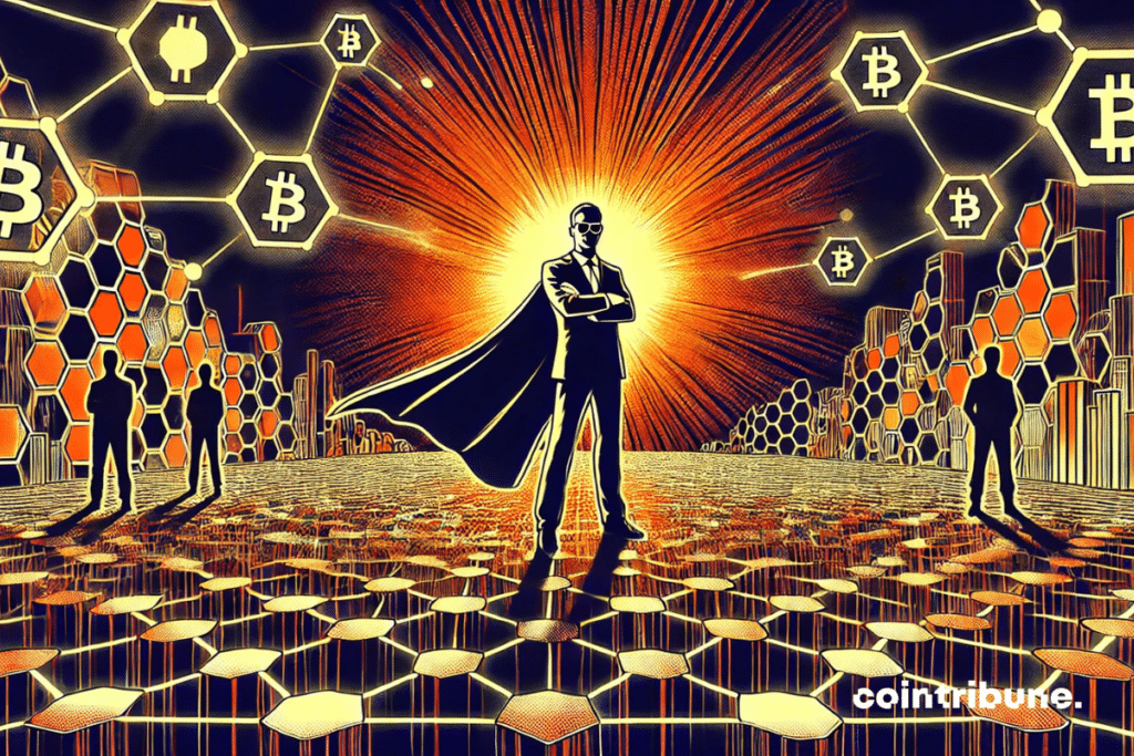 Un DEX crypto stylisée en réseau hexagonal (rappel d’une blockchain). Un personnage avec cape numérique en posture debout, confiant, bras croisés.