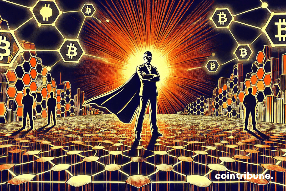 Uma criptografia DEX estilizada como uma rede hexagonal (que lembra uma cadeia de blocos). Uma figura usando uma capa digital, de pé, confiante e com os braços cruzados.
