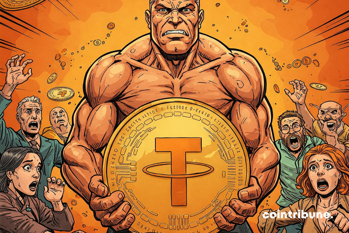 Um músculo dourado representando a empresa de criptografia Tether, que está dominando o medo predominante