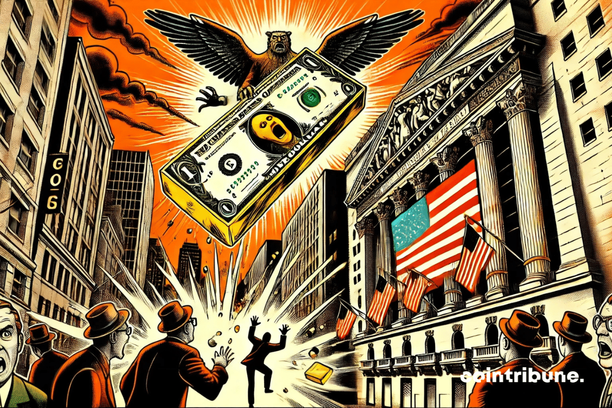 A economia entra em colapso: uma nota gigante de dólar cai e uma barra de ouro com asas de águia se ergue orgulhosamente