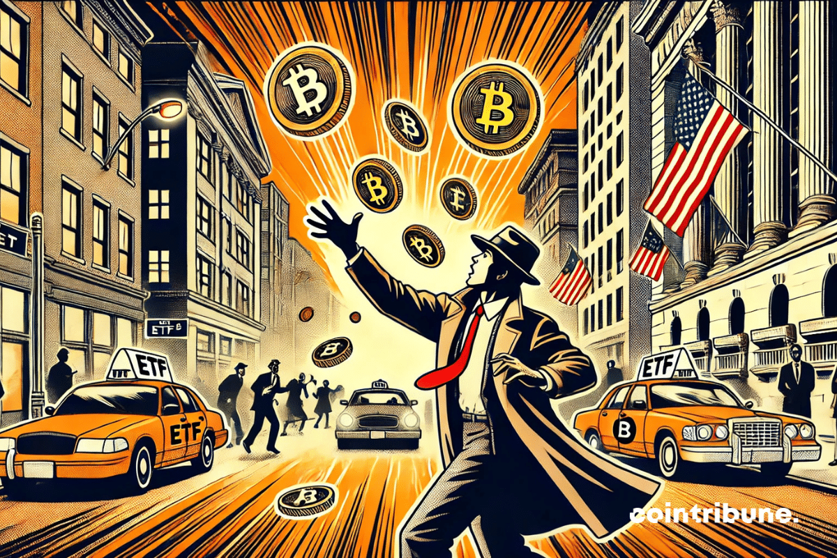 Homem de negócios com paletó e chapéu estilo filme noir, com a mão aberta para pegar um Bitcoin. Uma moeda prestes a cair em sua mão, com a gravação “ETF”.