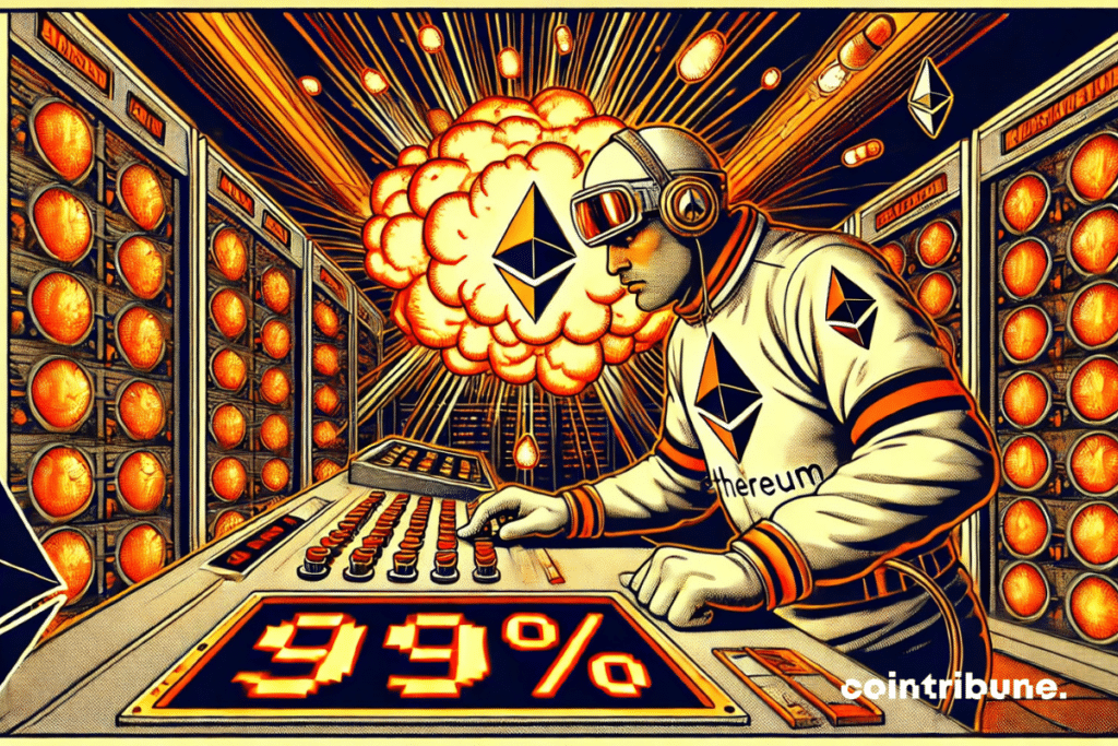 Futuristic server room, slightly overhead framing. A technician wearing a stylized Ethereum helmet and white overalls. Leaning towards a console flashing red.