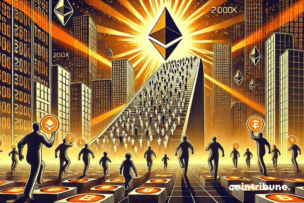 Centenas de silhuetas anônimas sobem os degraus da Ethereum, cada uma carregando uma stablecoin brilhante.