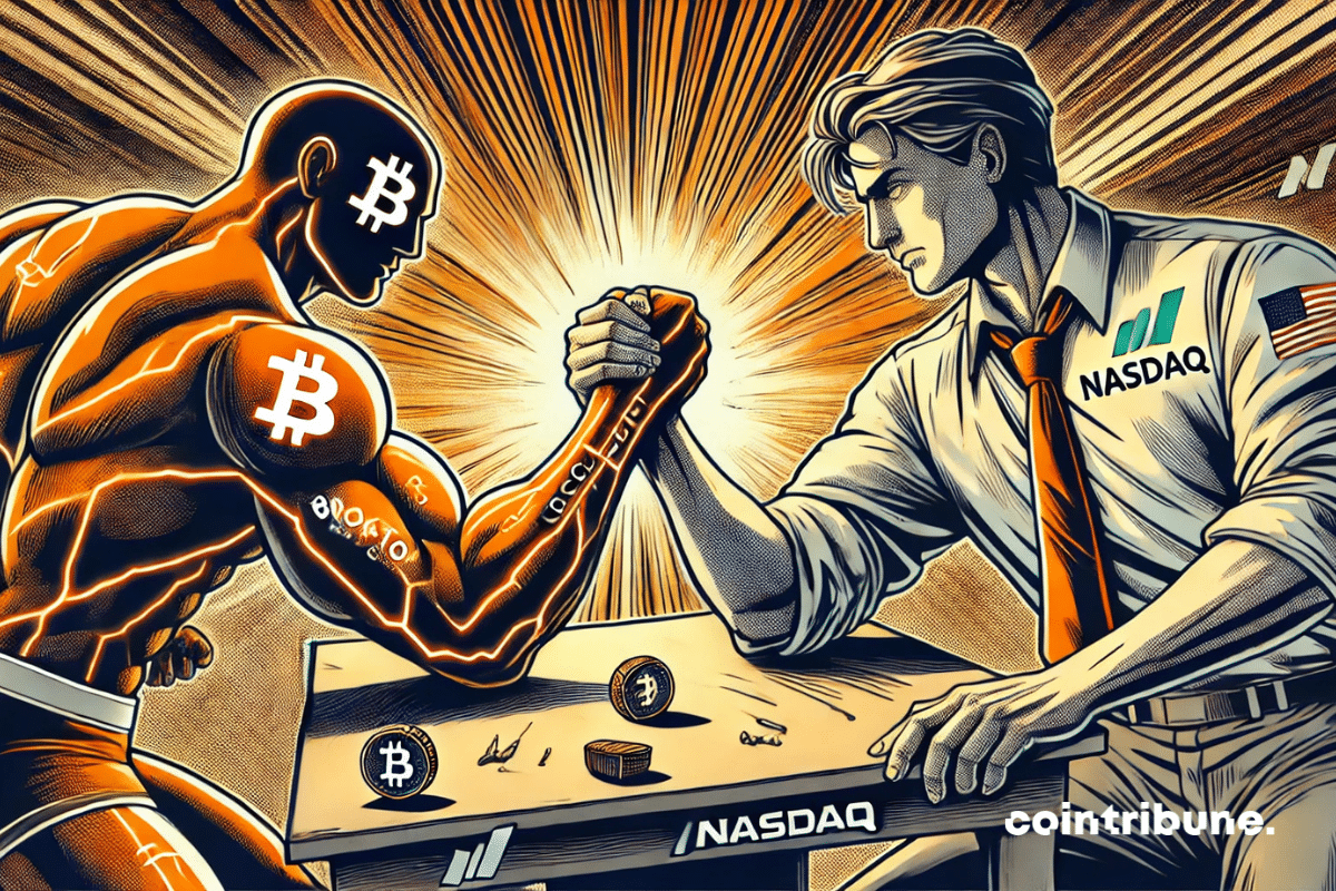 Mesa de lucha de brazos, ambiente tenso y concentrado. Crypto brazo vs Nasdaq brazo