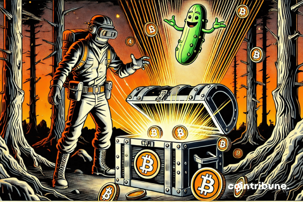 Un chasse au trésor dans une forêt stylisée Fortnite, avec un éclairage mystérieux. Un avatar masqué déterre un coffre d’où s’échappent des bitcoin incandescents.