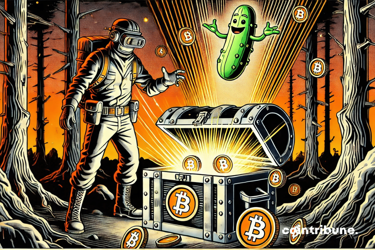 Un chasse au trésor dans une forêt stylisée Fortnite, avec un éclairage mystérieux. Un avatar masqué déterre un coffre d’où s’échappent des bitcoin incandescents.