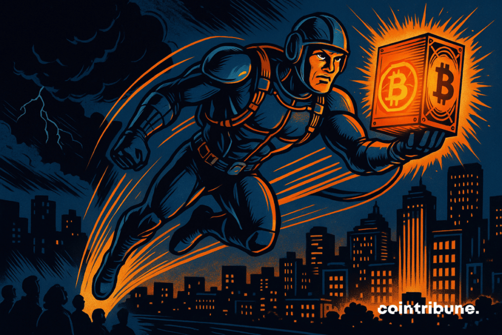 Un superhéroe futurista disfrazado de minero de bitcoins se eleva sobre una ciudad sumida en la oscuridad. En su mano, una plataforma minera naranja brilla intensamente, iluminando una mitad de la ciudad mientras la otra permanece en la sombra. Los ciudadanos admiran la escena desde el suelo, testigos de esta heroica intervención contra el apagón. El estilo gráfico, típico del cómic de los años setenta, combina líneas dinámicas, colores contrastados y tensión dramática.