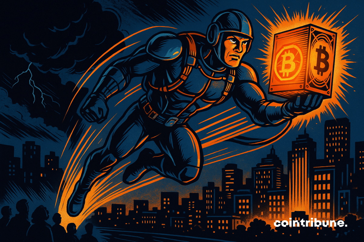 Um super-herói futurista disfarçado de minerador de bitcoin se ergue sobre uma cidade mergulhada na escuridão. Em sua mão, uma plataforma de mineração laranja brilha intensamente, iluminando uma metade da cidade enquanto a outra permanece na sombra. Os cidadãos admiram a cena do chão, testemunhando essa intervenção heroica contra o apagão. O estilo gráfico, típico dos quadrinhos dos anos 1970, combina linhas dinâmicas, cores contrastantes e tensão dramática.