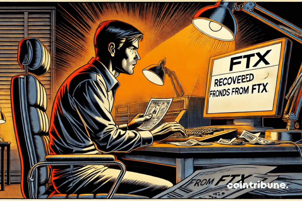 Usuario europeo concentrado en su ordenador, con una intensa luz naranja que resalta los fondos recuperados de FTX.