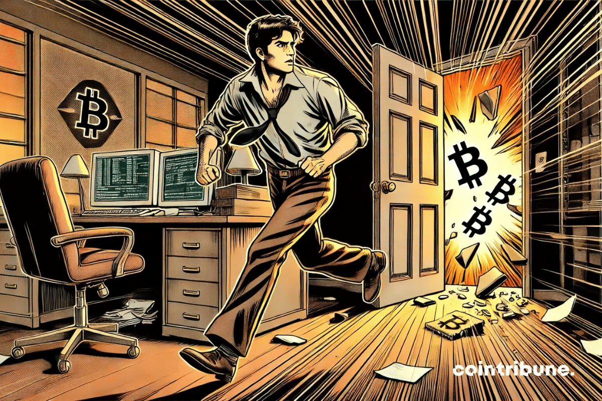 Um desenvolvedor sai correndo de um escritório enquanto símbolos do Bitcoin explodem pela porta.