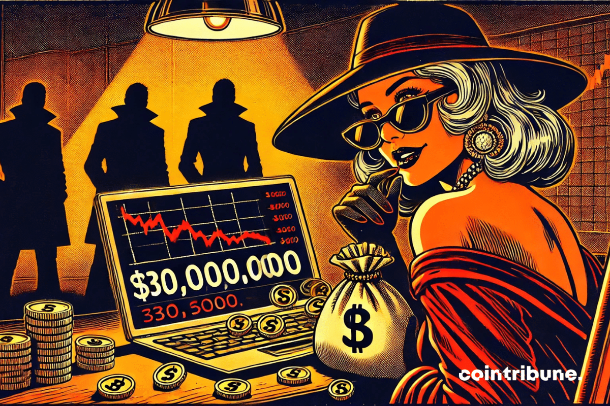 Uma mulher que é fã da MELANIA Coin, elegante, com um visual vintage glamouroso, óculos escuros e um chapéu de abas largas. Inclinada em direção a um laptop aberto, com um sorriso no rosto.