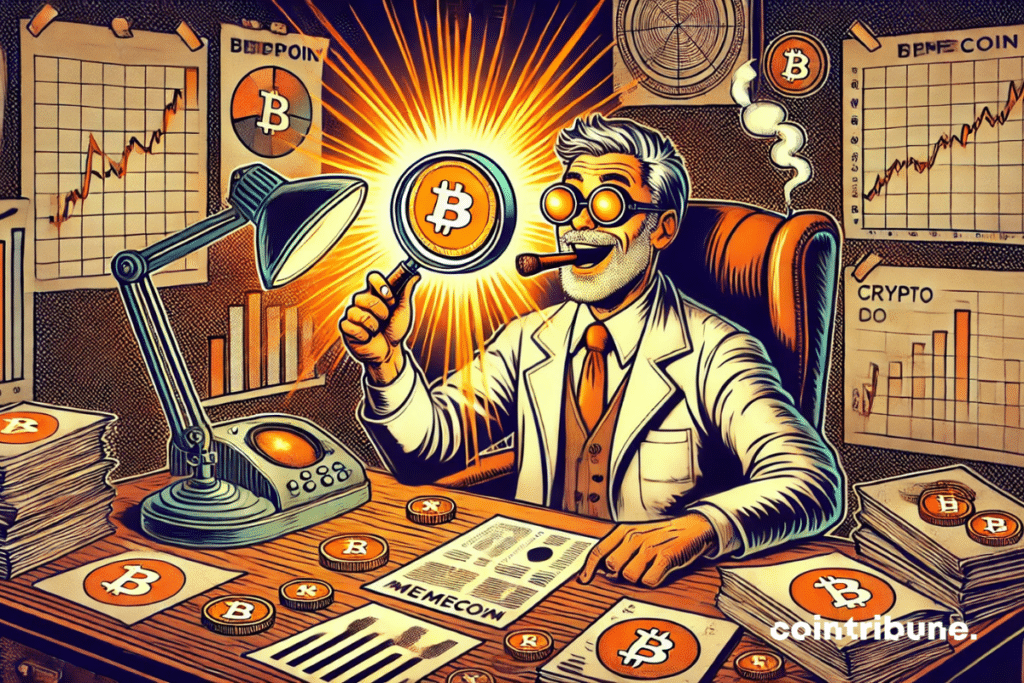 Velho investidor, estilo professor maluco, com lupa em uma moeda de memecoins.