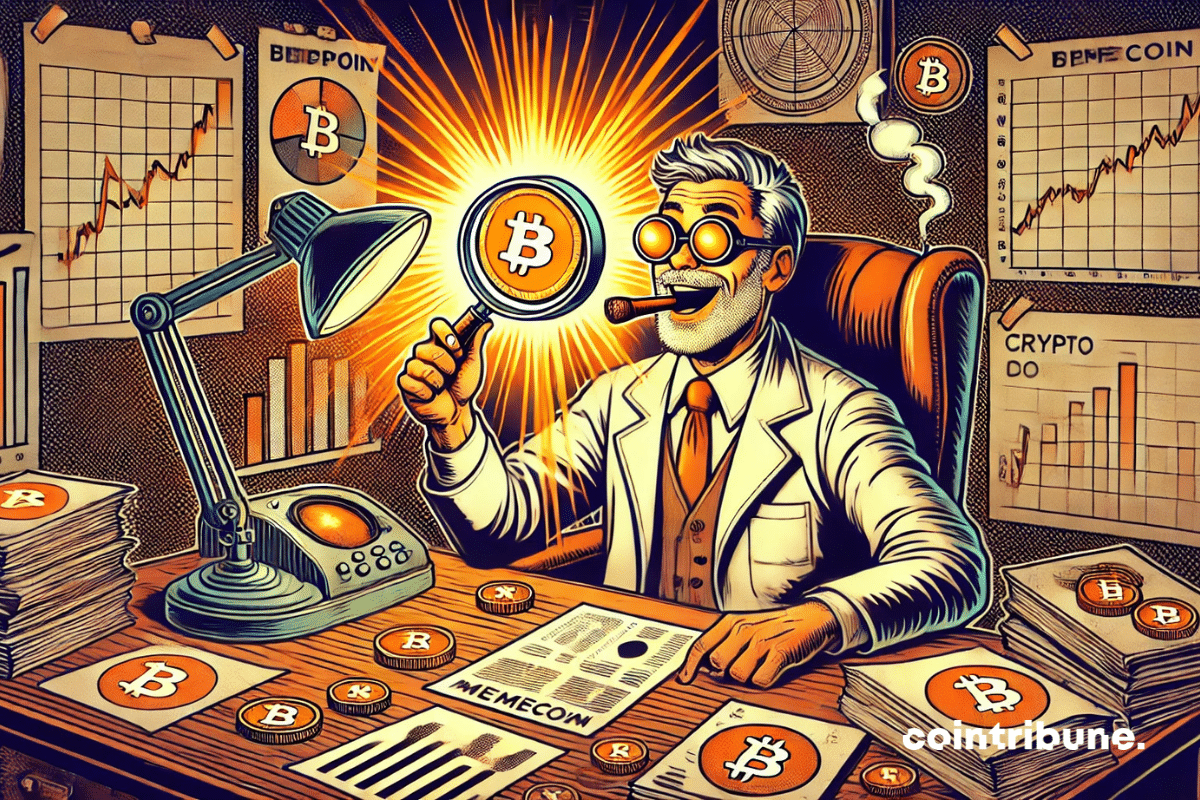 Velho investidor, estilo professor maluco, com lupa em uma moeda de memecoins.