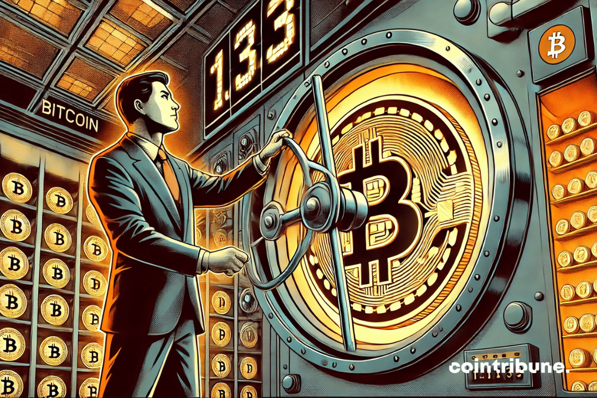 Vue en contre-plongée d’un immense coffre-fort Bitcoin, dont la porte est en train de se fermer. Un CEO de Metaplanet souriant, tournant la roue de fermeture.