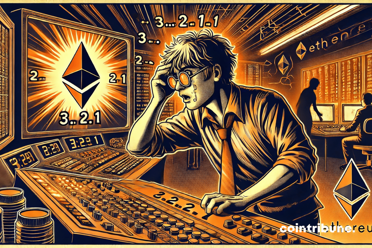 Um desenvolvedor de tecnologia tenso aguardando a iminente atualização do Ethereum