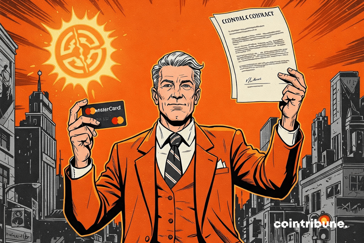 Pagamento criptográfico: um personagem Mastercard segurando um contrato simbólico em uma mão e um cartão de crédito na outra