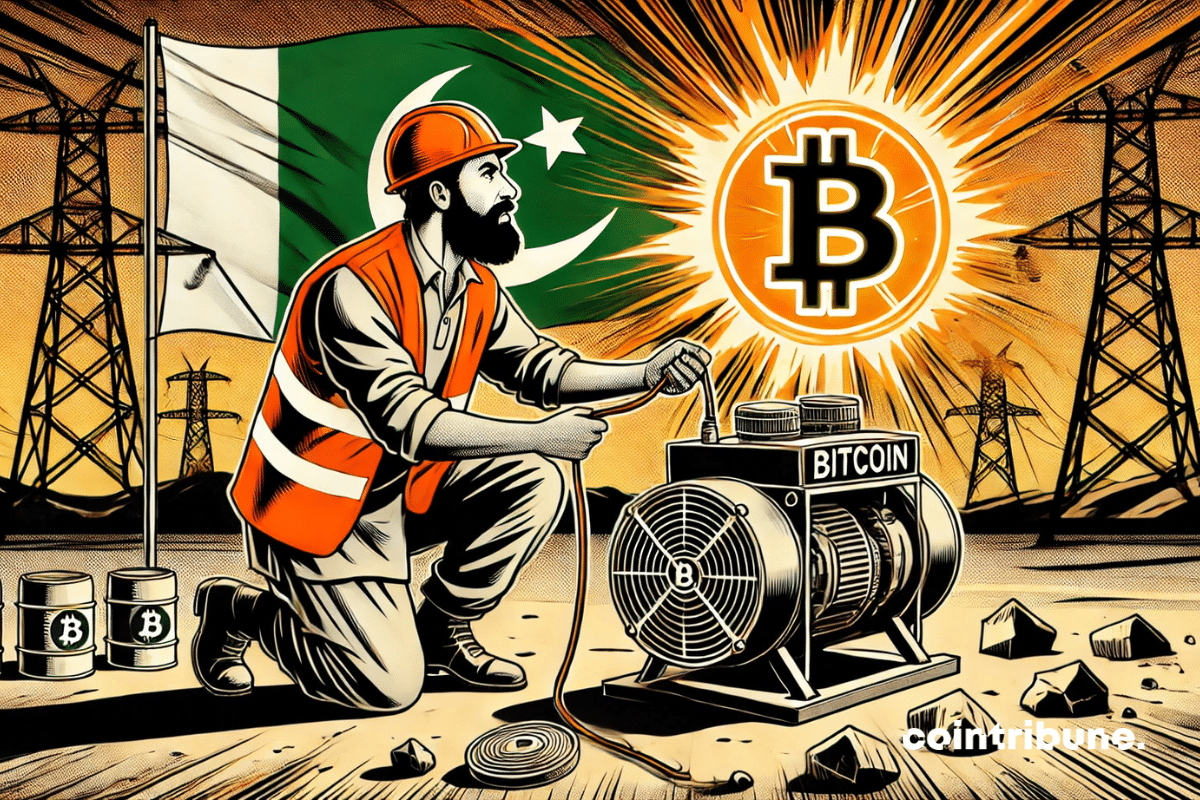 Un ingénieur barbu avec un casque et une veste orange réfléchissante, penché sur un générateur connecté à une unité de minage du bitcoin.