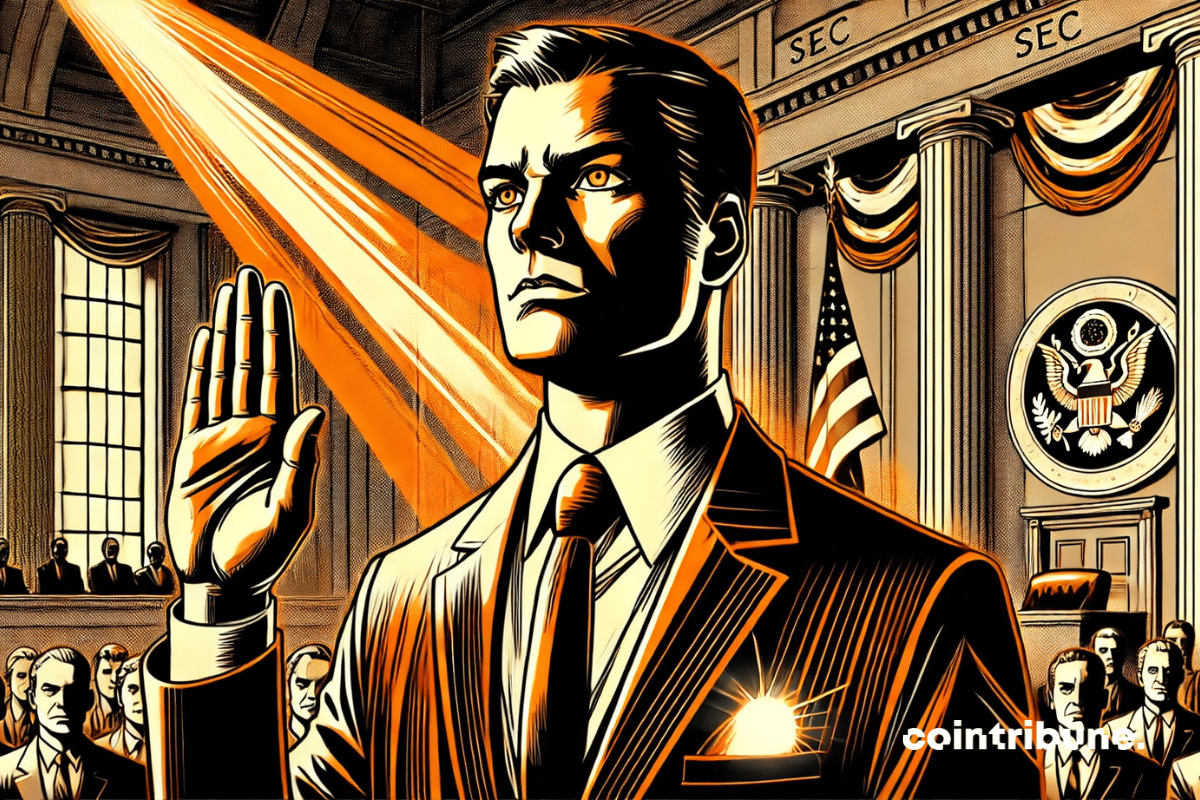 Paul Atkins prestando juramento com uma carteira de criptografia brilhante na mão