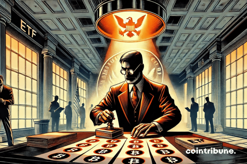 A government office with the SEC agent stamping a crypto file