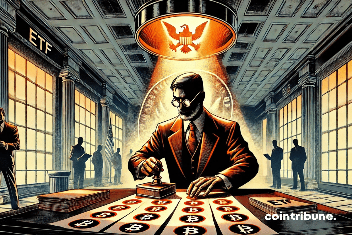 A government office with the SEC agent stamping a crypto file