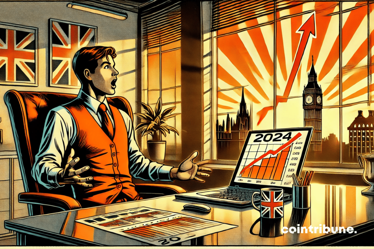 Jovem e elegante executivo britânico da Revolut, colete laranja, olhar deslumbrado. Sentado, com os braços estendidos, estupefato diante da tela de seu laptop. O laptop exibe o número “2024” no meio de um gráfico de criptografia explosivo.