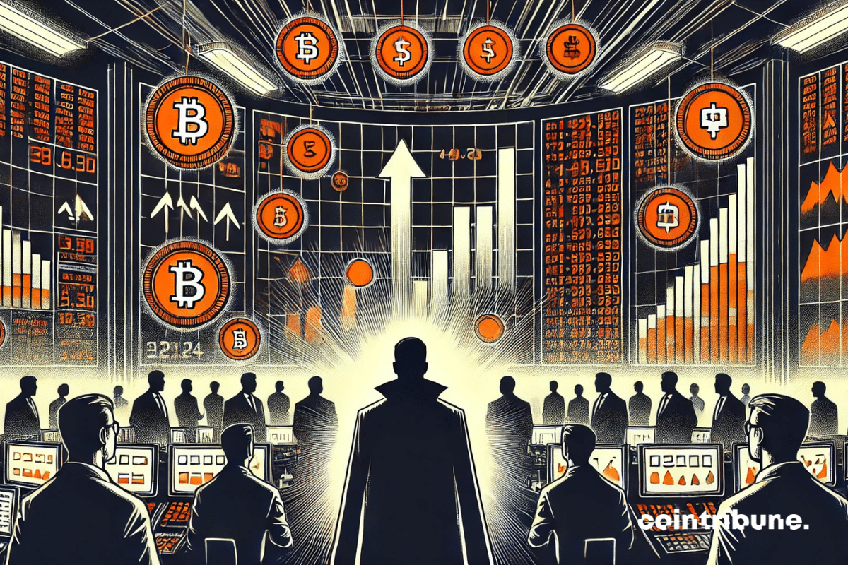 Intérieur type "trading floor", ambiance technologique. Trader tourné de dos, face à un écran géant où les valeurs traditionnelles sont remplacées par des actions tokenisées flottantes.