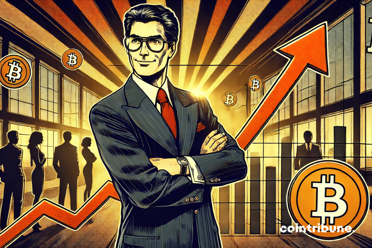 Saylor charismatique, confiant, dans un bureau moderne, avec un graphique Bitcoin et une correction du marché symbolisée par une flèche orange.