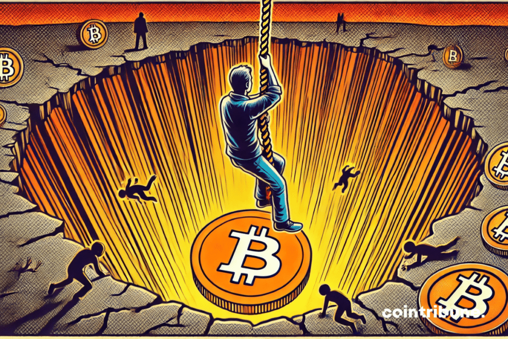 Un inversor de aspecto civil en posición agachada, sosteniendo un Bitcoin agrietado que brilla en color naranja. Mirada decidida.