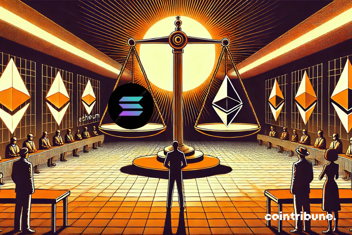 Sala blanca minimalista, centro a gran escala. El fundador de Uniswap, centrado, coloca un peso marcado «DeFi» en la bandeja de Solana y Ethereum.