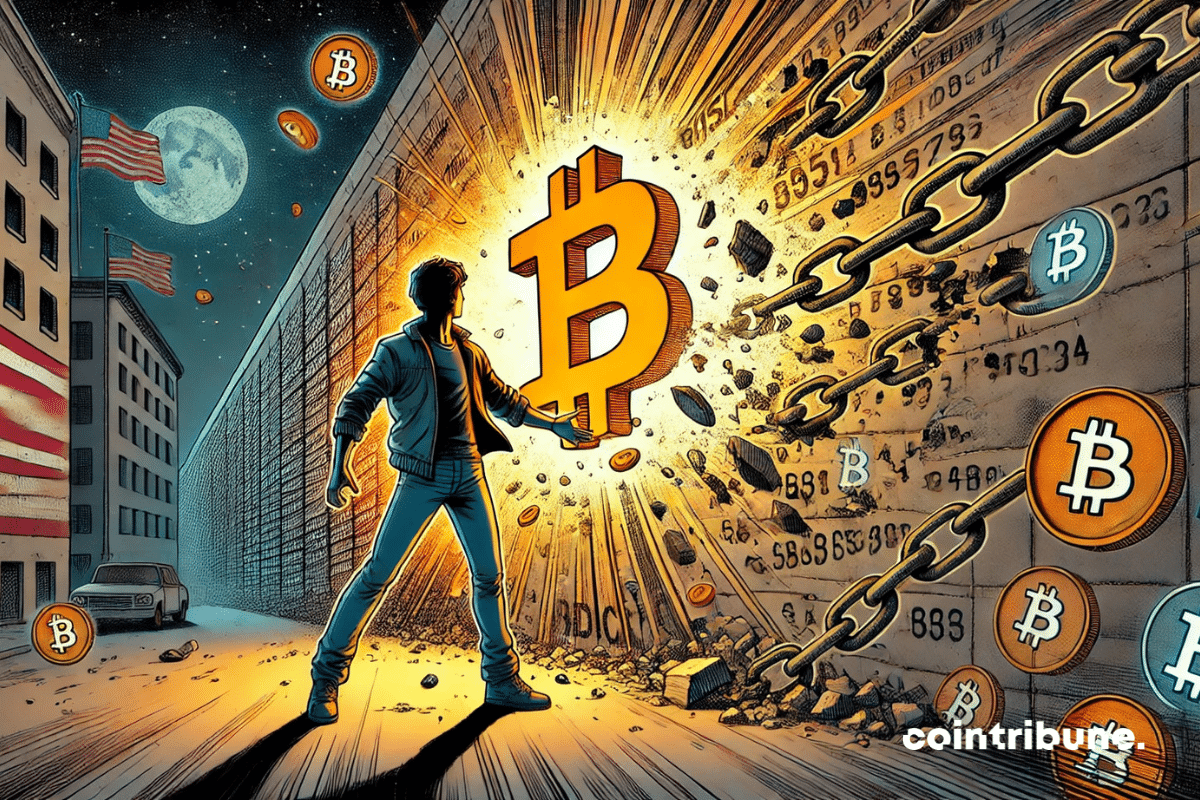Um homem parado em frente a um logotipo do Bitcoin
