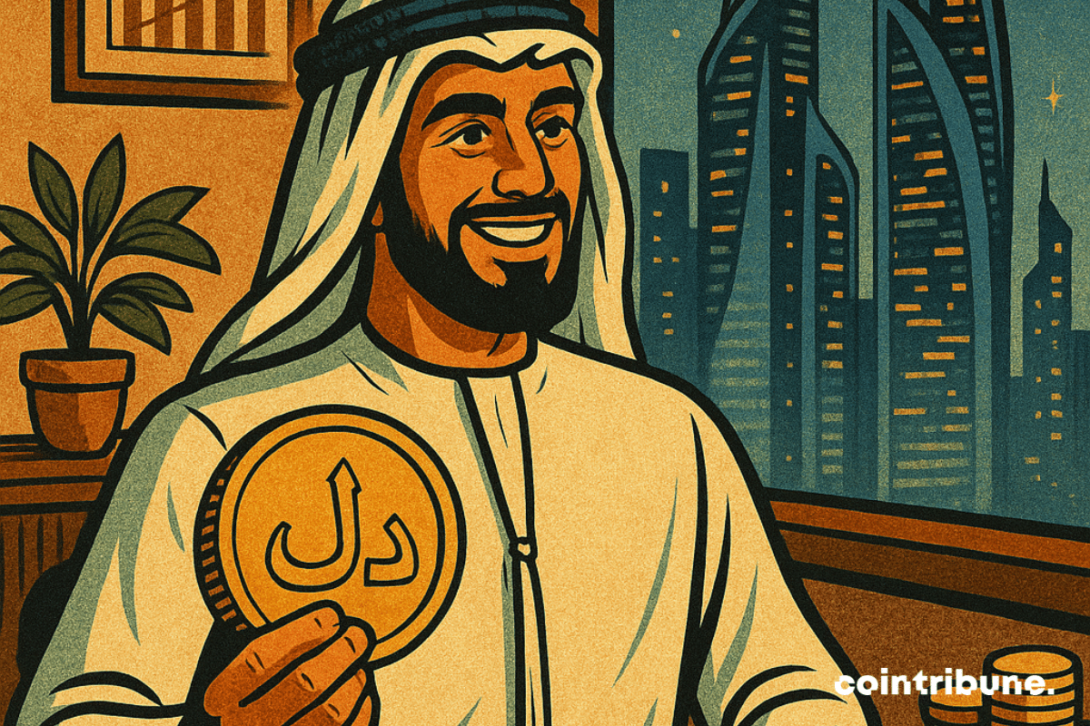 Plan serré sur une main émiratie plaçant un stablecoin dans un coffre-fort numérique. Juste la main, détaillée, élégante, avec une bague précieuse.