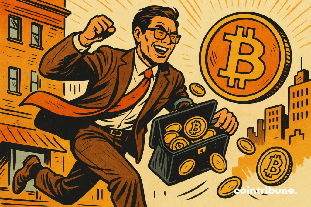 Corretor vintage com paletó grande, óculos escuros e pasta cheia de Bitcoins