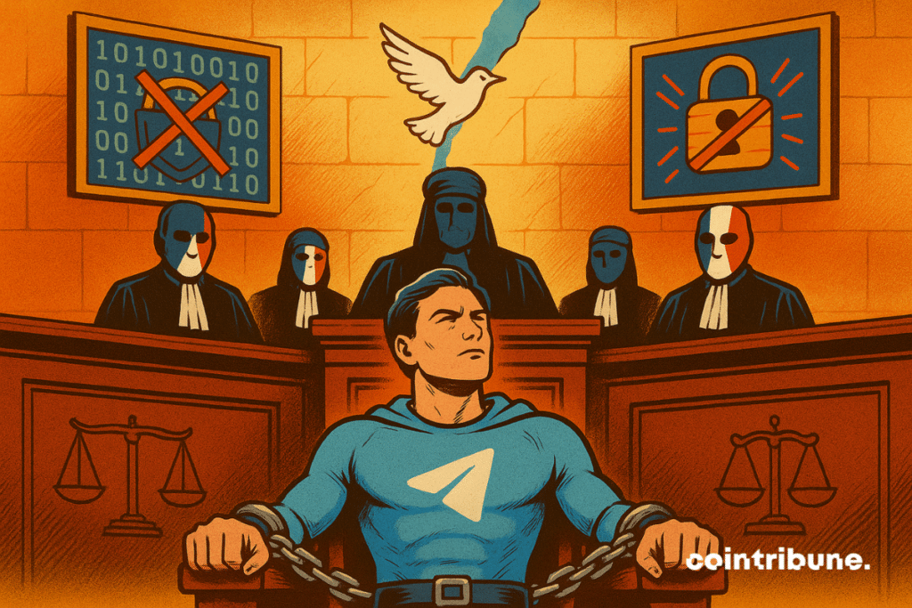 Un superhéroe encadenado, que representa a Telegram, es juzgado ante magistrados enmascarados. En el fondo, símbolos de vigilancia y cifrado roto.