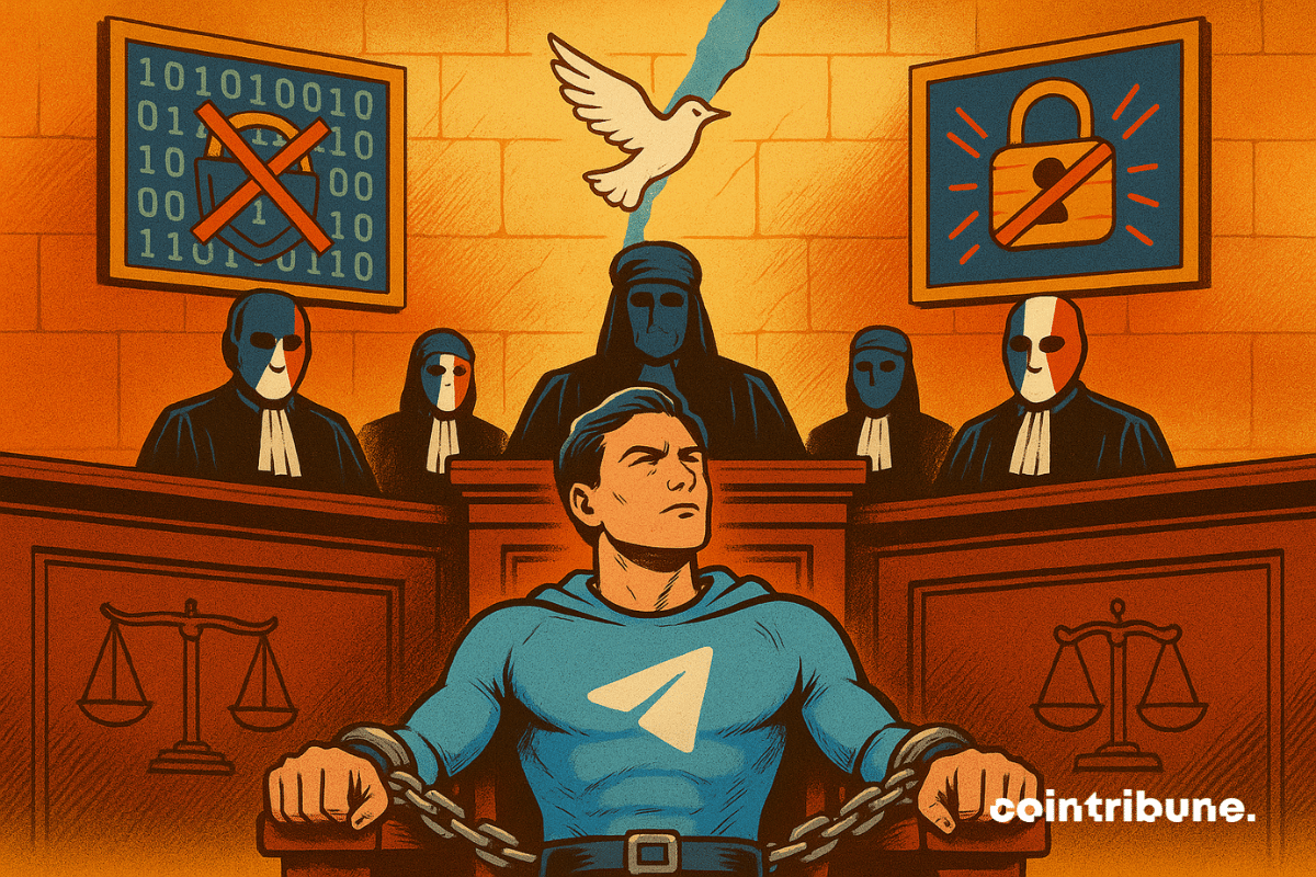 Um super-herói acorrentado, representando o Telegram, enfrenta juízes mascarados em um tribunal. Atrás, ícones de vigilância e criptografia quebrada.
