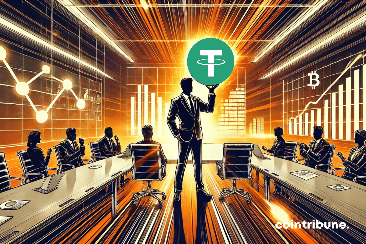 O lançamento de uma stablecoin revolucionária: um executivo financeiro segura um protótipo luminoso de stablecoin, que simboliza a estabilidade digital, em uma sala de conferências futurista.