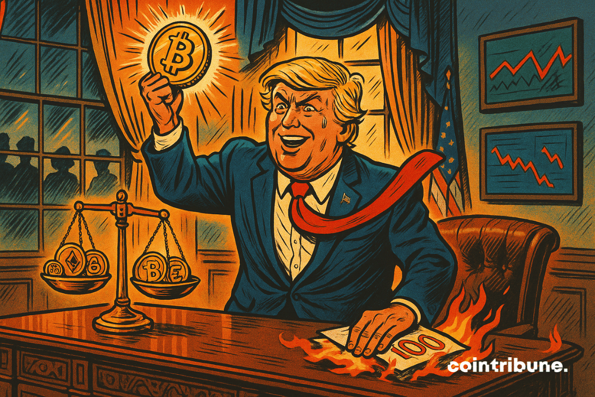 Donald Trump em estilo cartum no Salão Oval segura um Bitcoin brilhante enquanto queima uma nota de $100, com símbolos de criptos e gráficos ao fundo.