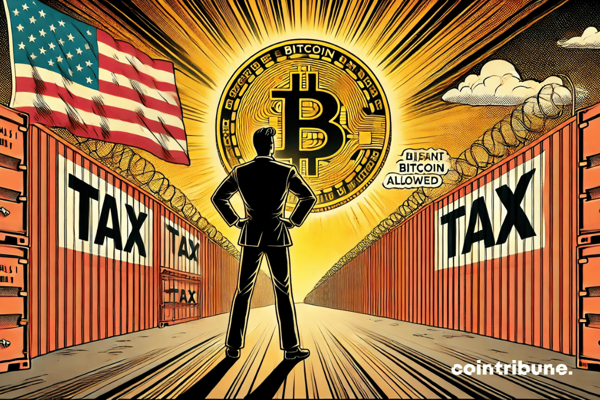 Figura musculada, de braços cruzados, a olhar para uma enorme moeda de Bitcoin que brilha como um sol nascente.