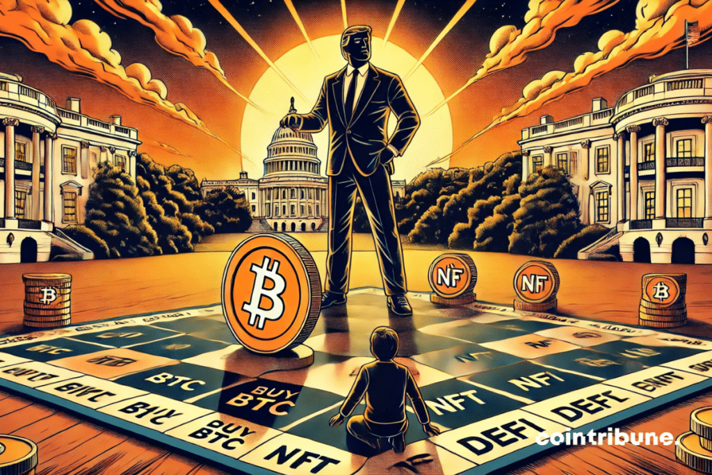 Um gigantesco tabuleiro de jogo de criptografia, com uma caricatura do presidente movendo um token NFT.