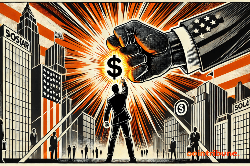 Punho preto pronto para atingir um edifício frágil na forma de um dólar ou de um gráfico econômico. Trump, com a mão estendida no ar, mal parando o punho, um sinal de recessão.