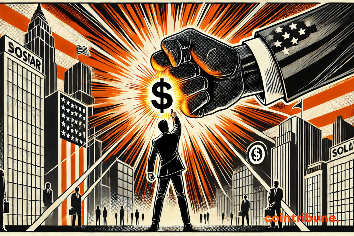 Punho preto pronto para atingir um edifício frágil na forma de um dólar ou de um gráfico econômico. Trump, com a mão estendida no ar, mal parando o punho, um sinal de recessão.